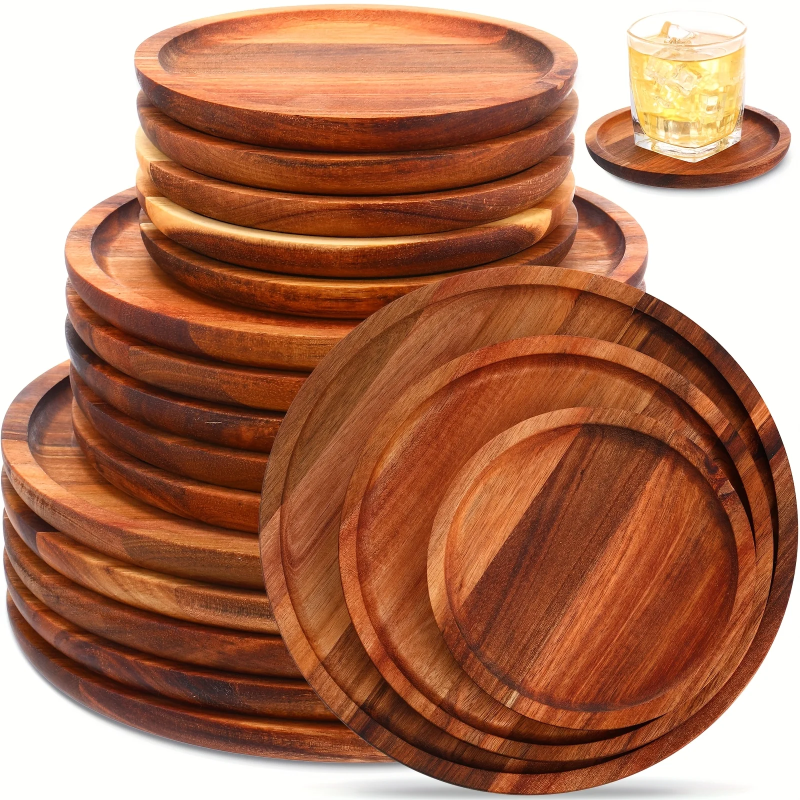 

Set of 15 Round Acacia Wood Dinner Plates Natural Wooden Charger Plates Lightweight Classic Food Trays for Dish Snack Salad Dess