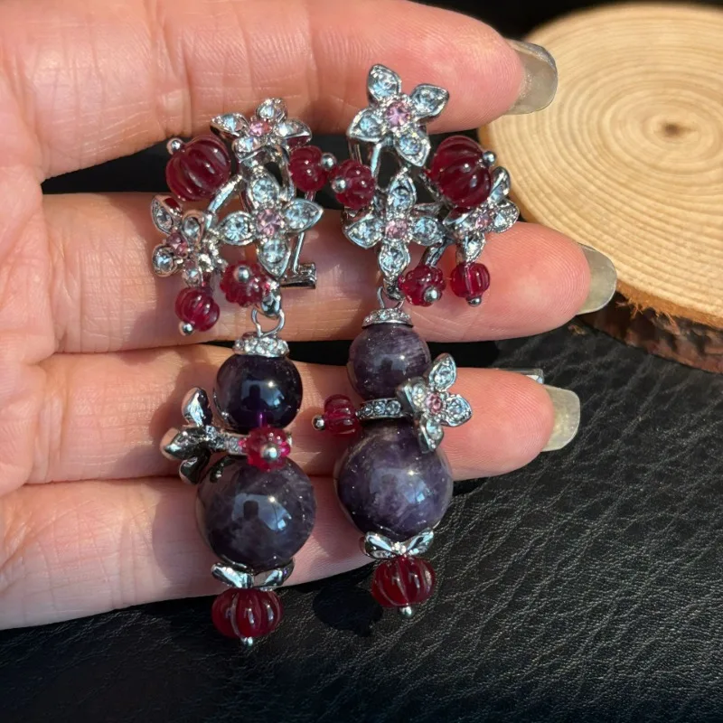 

Middle-aged Light Luxury Purple Amethyst Stone Flower Red Pumpkin Fruit Long Dangle Earrings Elegant High-end Flower Earrings