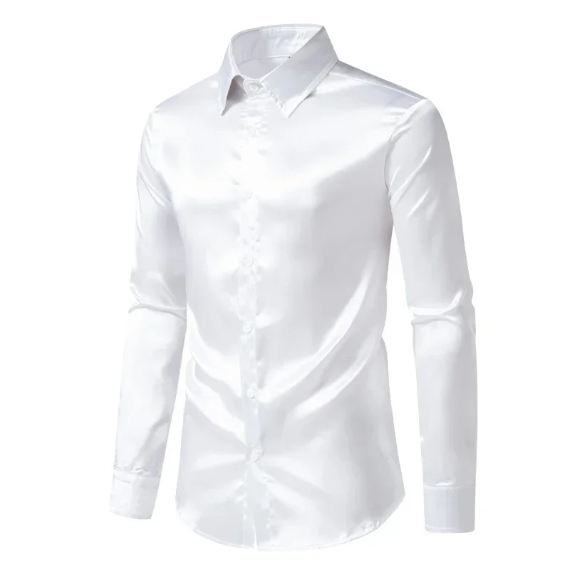 

Mens White Satin Tuxedo Dress Shirts 2023 Brand New Silk Smooth Casual Shirt Men Wedding Groom Party Shirt Male Chemise Homme