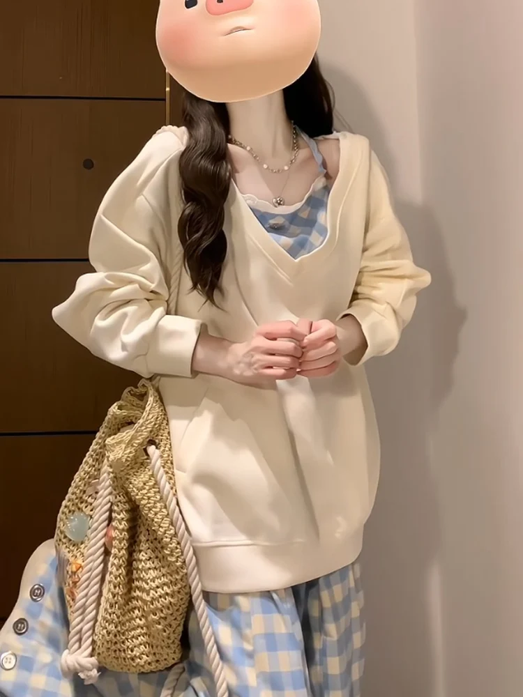 Sweat à capuche à carreaux américain pour femmes, doux et Cool, surdimensionné, paresseux, ample, vêtements d'extérieur, v-ne Long, Version coréenne, printemps automne