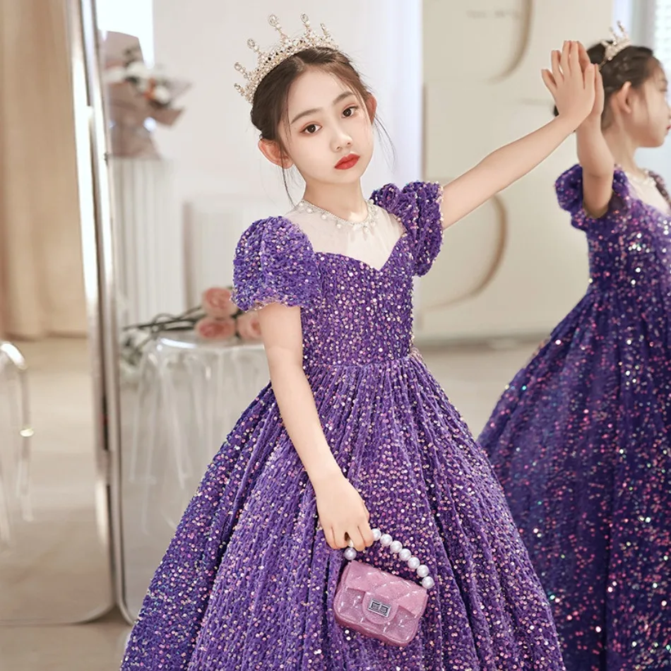 Toddler Kids Girls Cute Infant Sequin Glitter Purple Costume Party Carnival Gown Formal Dress Children Place Dresses for Girls