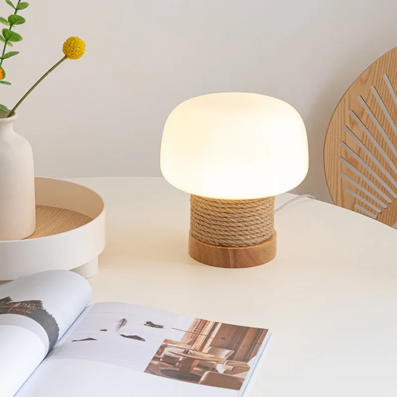 

Japanese Mushroom Table Lamp Nordic Log Wind Simple Creative Bedroom Bedside Study Decoration Cream Wind LED Glass Desk Light