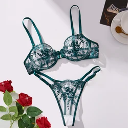 Lingerie Woman Sexy Ultrathin Lace Underwear Transparent Bra Set Dark Green Floral Embroidery Sexy Underwear 2 Pieces Erotic Set