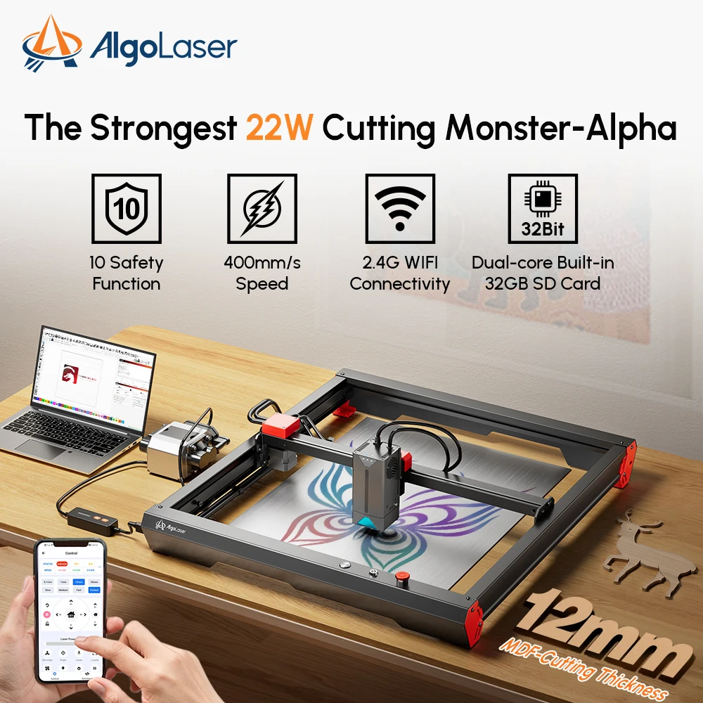 AlgoLaser 130W CNC Woodworking Laser Cutter Engraver 40*40cm Offlin Control Desktop Wood Metal Laser Engraving Cutting Machine