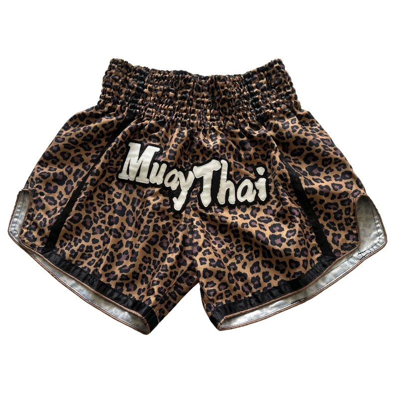 Leopardenmuster Muay Thai Shorts Unisex Satin Boxershorts Elastischer Bund Kickboxen MMA Training Kampfshorts für Männer Frauen Kinder