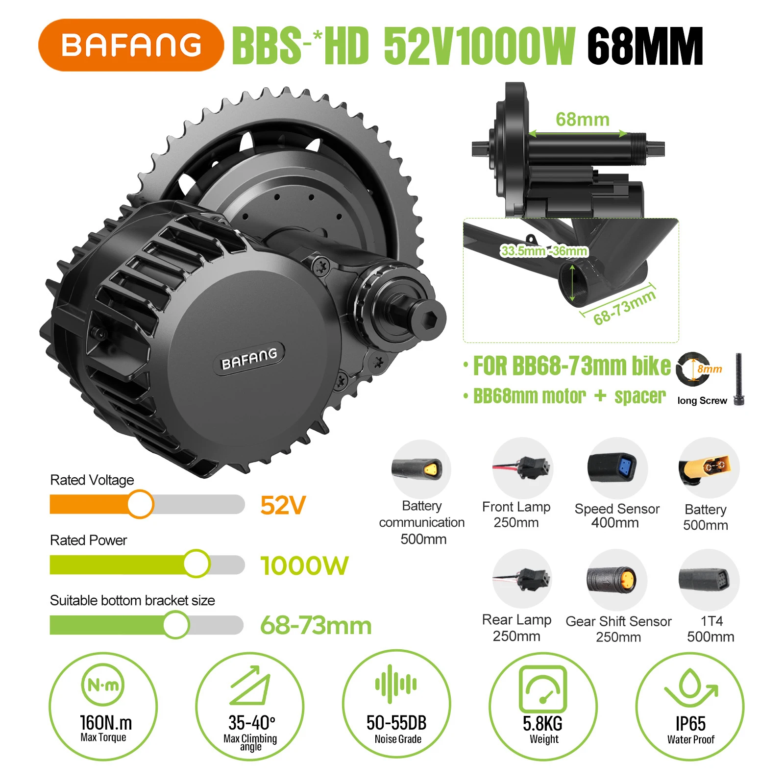 Bafang-電動自転車モーターキット,48v, 52v, 1000w, bbshd, bbs03