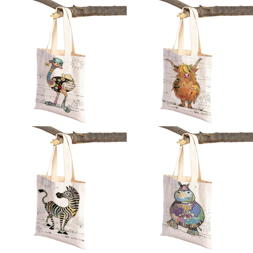 Casual Cartoon Animal Art Women Shopping Shoulder Bag Monkey Elephant Cat Dog Canvas Foldable Reusable Cloth Lady Tote Handbag