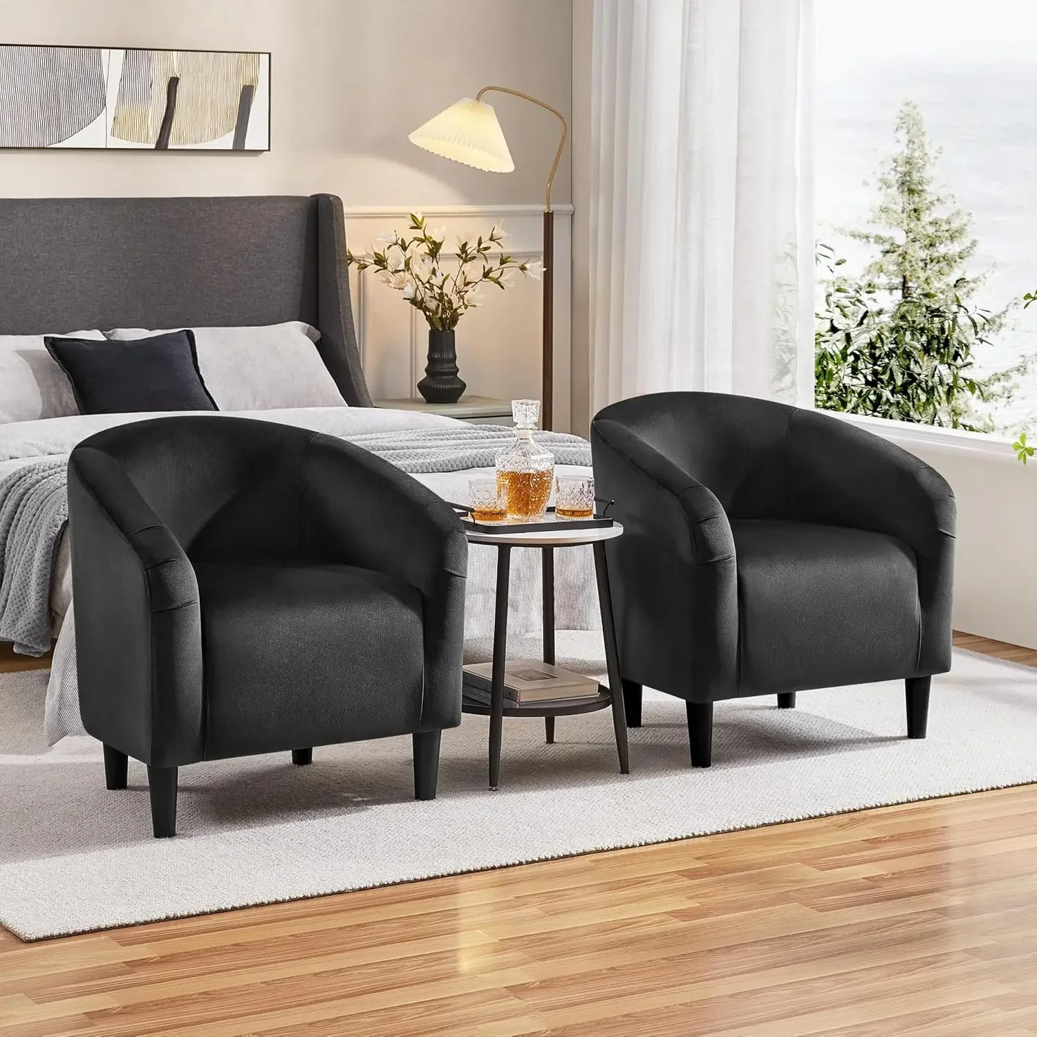 Black Accent Chairs Set of 2, Cozy Velvet Barrel Chair, Modern Club Chair with Soft Padde, Vanity Chair for Living Room/Bedroom/