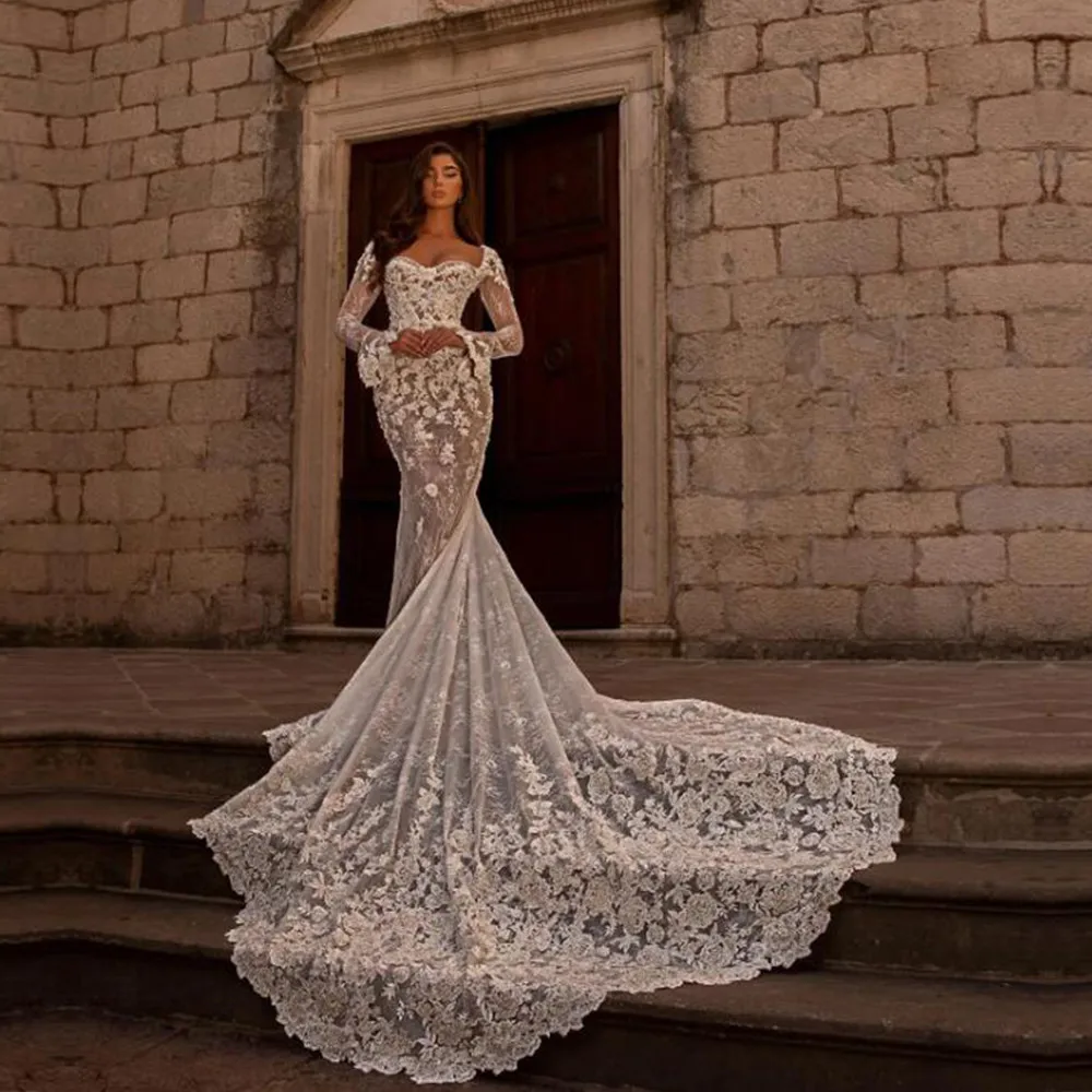 

Mermaid Wedding Dresses Sweetheart Long Sleeves Beads Appliques Lace Bridal Gowns Custom Made Sweep Train Vestidos De Novia 2024