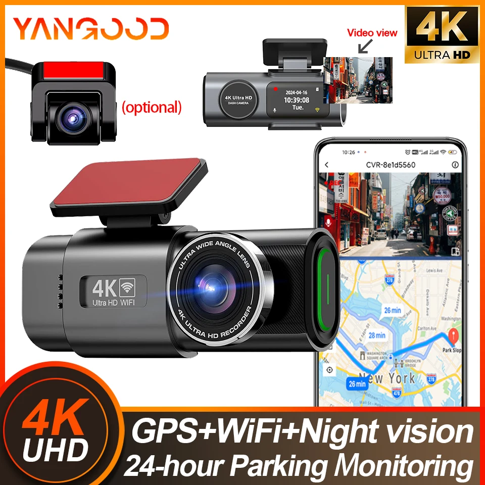 

Видеорегистратор Yangood 4K, двухканальный, с двумя объективами, ночным видением, поддержкой Wi-Fi и GPS, круглосуточным мониторингом парковки