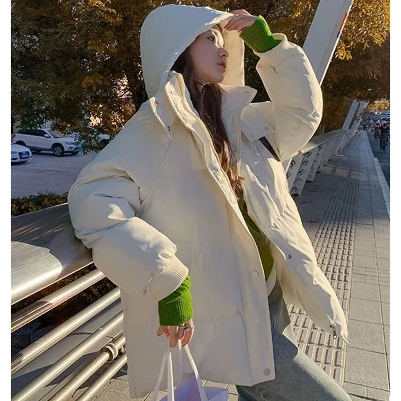 2025 Women Fashion Hooded Puffer Jacket Korean Ladies Long Sleeves Parkas Outwear Winter Femme Medium Length Cotton Padded Coat