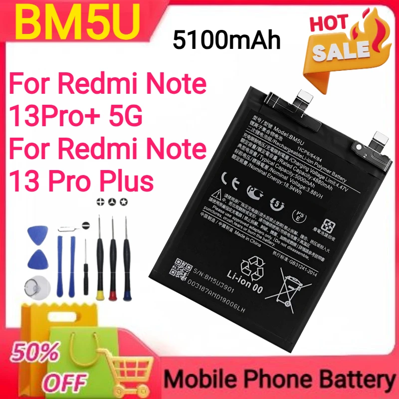 5000mAh /5100mAh BN5P BM5V BM5U para Xiaomi Redmi Note 13/Note 13 Pro/Note 13 Pro + Pro Plus 5G Baterias de telefone móvel + ferramentas