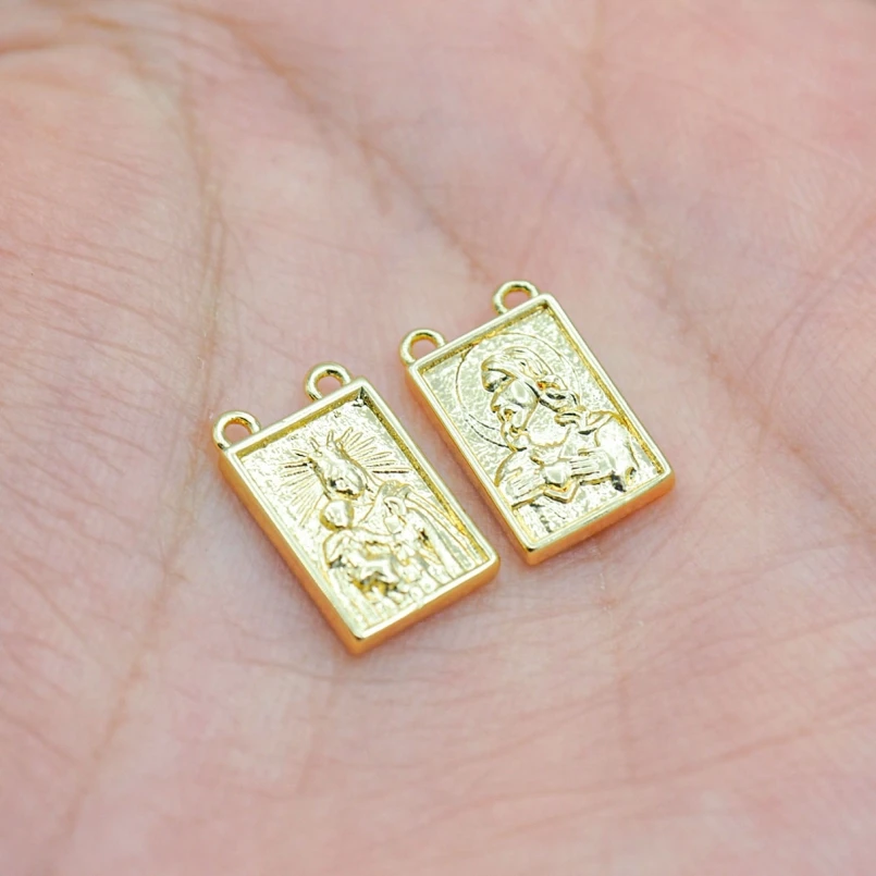 

2Pcs Pendant Madonna Square Face The Son Of God Religious Charms Gold Color Copper Christian Approx 7.7x12.4mm Jewelry