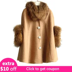 MAOMAOKONG New Autumn Women Cape Poncho Coat Jacket Natural Real Raccoon Fur Collar Woolen Shawl Cloak Female Clothing