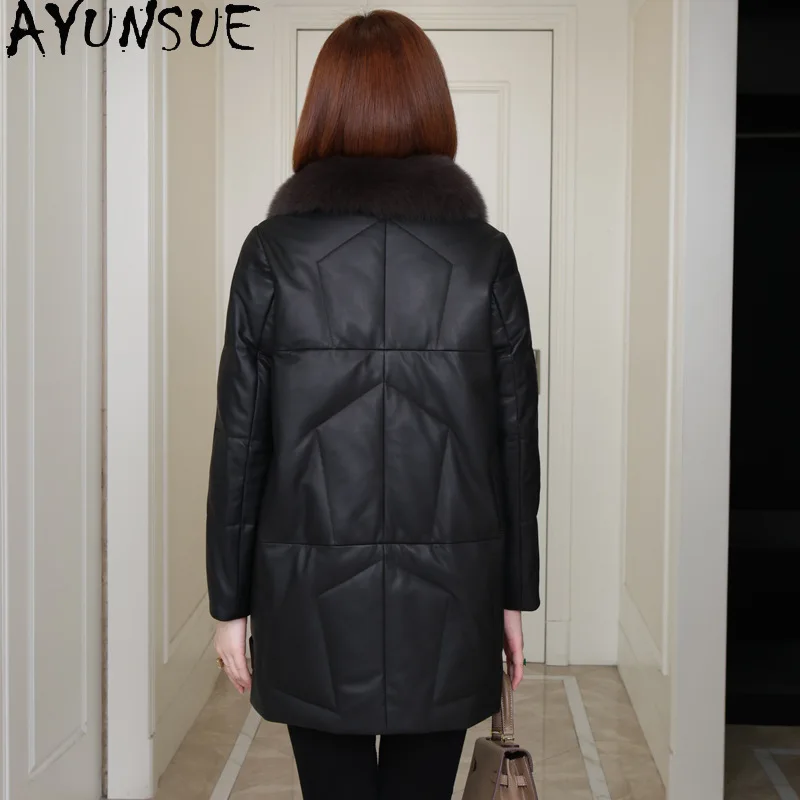 AYUNSUE Echte Schaffell Echtes Leder Jacke Frauen 2025, Winter Kleidung Mid-länge Weiße Gans Unten Frauen MantelJaqueta de Couro