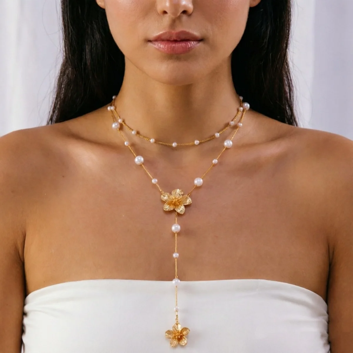 Französische Ästhetik Simulierte Perlenblumen-Anhänger-Halskette für Frauen Eleganter Metall-Blumen-Y-förmiger Choker Hochzeitsschmuck – Detail 18