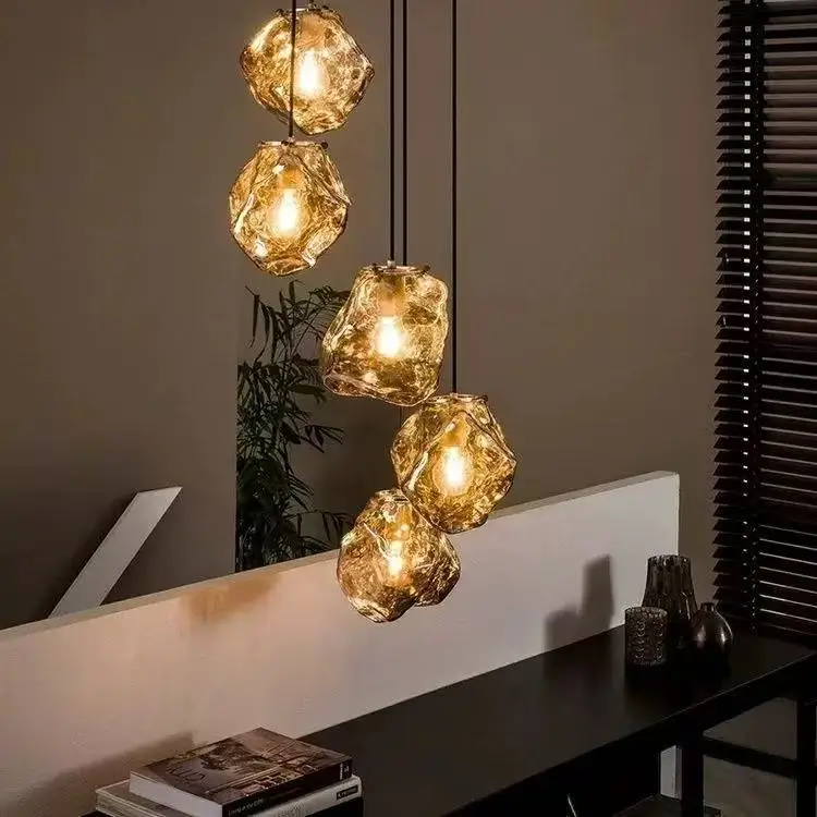 BOSSEN الفاخرة الحديثة الثريا ضوء السقف عكس الضوء مع العنبر الحمم الزجاج مكعبات الثلج ارتفاع قابل للتعديل لفيلا الفندق