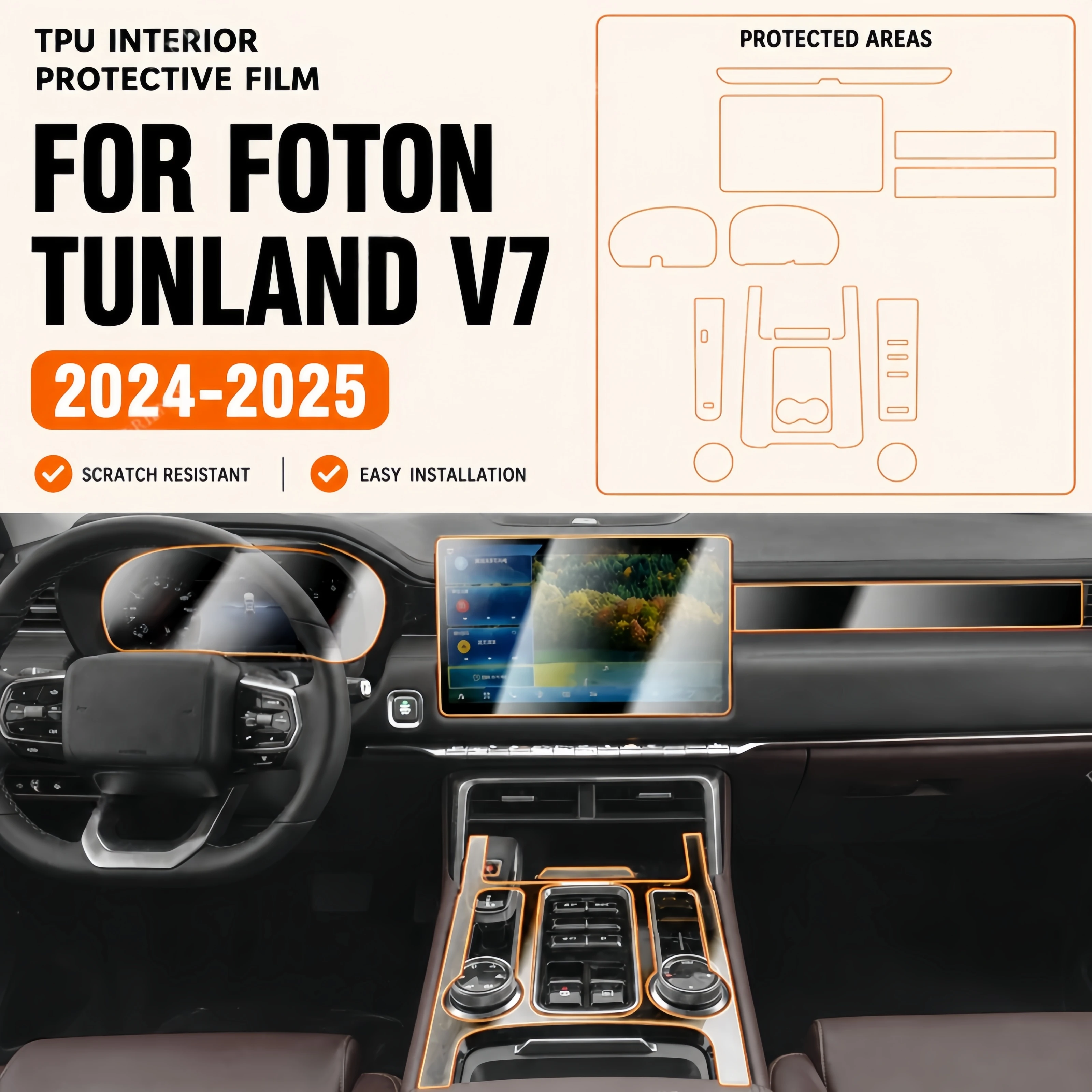 Specifically for FOTON Tunland V7 2024 2025 Transparent TPU Car Interior Trim Protective Film Dashboard Anti-Scratch Cover 1 Set
