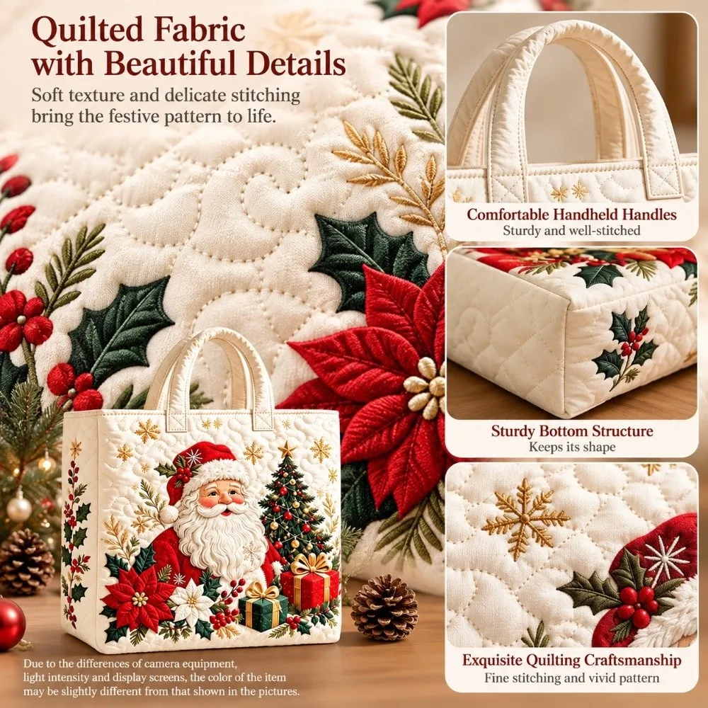 Quilted Design Christmas Handbag Lightweight Padded Quilted Tote Bag Snowman Print Family Print Padded Storage Bag