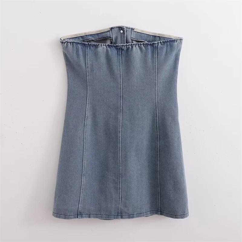 KEYANKETIAN New Launch Women's Slash neck Skinny Denim Dress Fashion Sexy Single Breasted Flap Pockets Strapless MiniSkirt