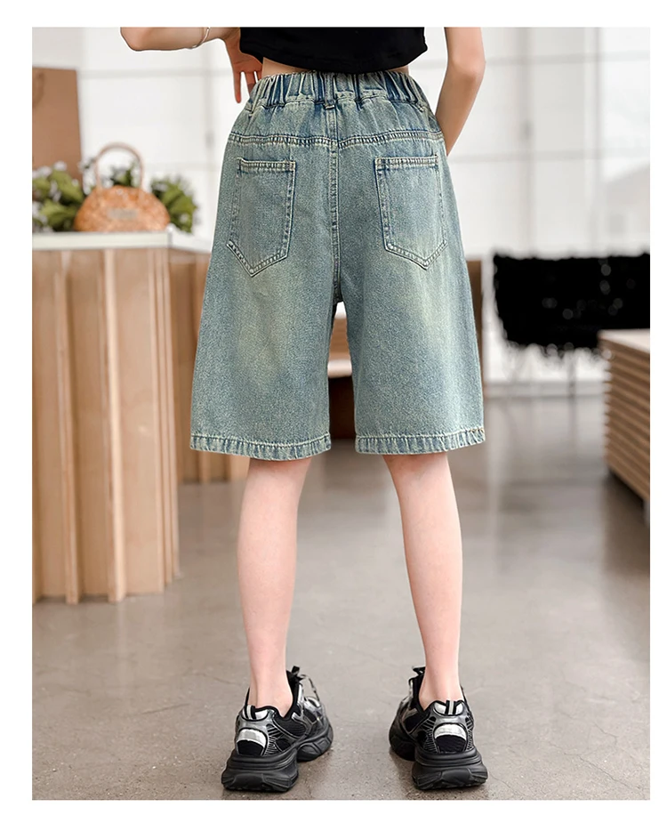 Slim Fit Kinder-Jeansshorts mit Löchern für Teenager-Mädchen, Lässige Sommer-Destroyed-Shorts, Coole Streetwear-Hosen für Kinder – Detail 6
