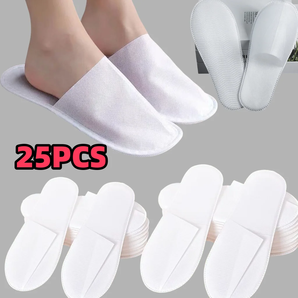 25Pcs Luxury Hotel and Spa Slippers - Non-Slip, Comfortable, Disposable Travel Slippers, Individually Packaged. White Fabric Slippers for Men and Women, Perfect for Home, Travel, and Relaxation, Casua
