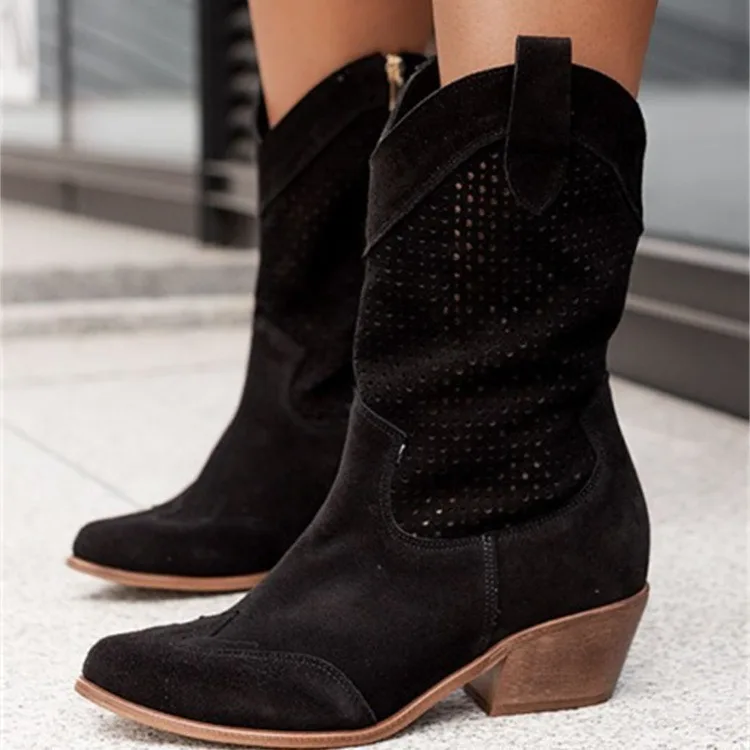 Women's boots 2025 autumn and winter new product mid heel 40-43 burnt flower suede low cut women's boots trend