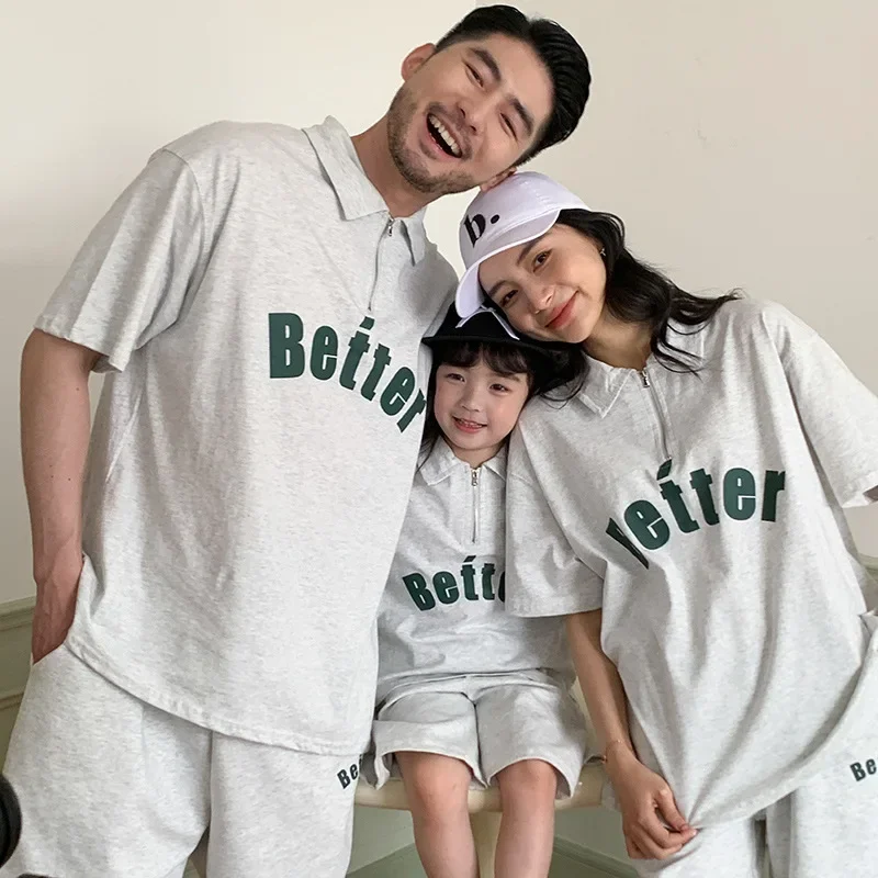 Fashion Family Matching Clothes Sets Dad Mom Daughter Son Zip Tops and Shorts Two Piece Outfits Korean Parents and Children Suit