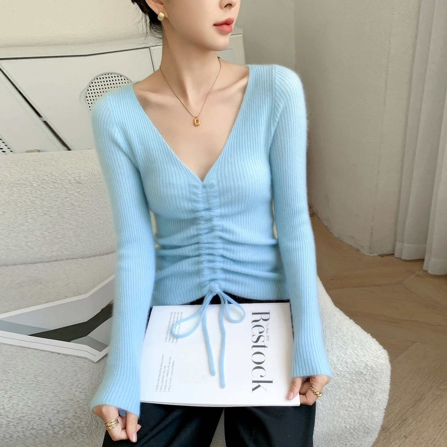 New Women's 100% Pure Cashmere Pullover Casual Solid Color Knitted Sweater Slim fit V-neck Tops Drawstring Strips Jumper