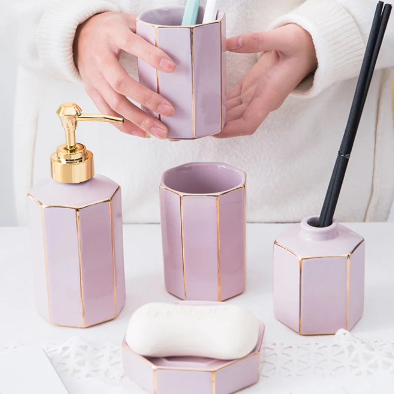 4pcs Pink Gold-plated Ceramic Bathroom Wash Set Hotel Toiletries Bathroom Accessories Home Furnishing Decoration Soap Dish