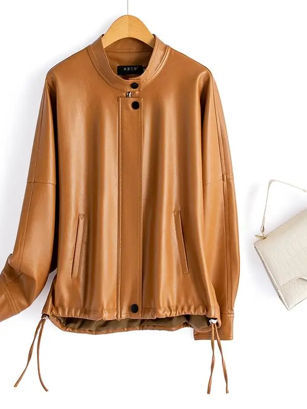 本革ジャケット レディース カジュアル ブラック ルーズジッパーデザイン シープスキンコート 20代と30代の若い女性向け