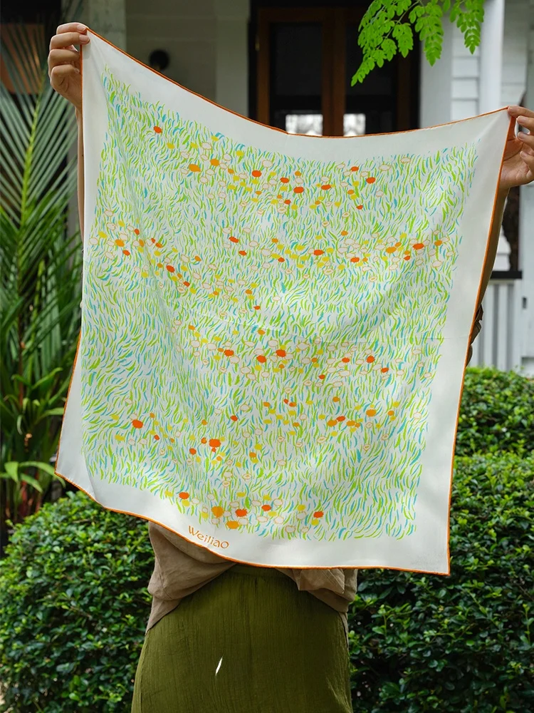 

Weiliao Original Lawn Basic Style Light Green Silk Scarf Double Gauze Silk Scarf Spring Gift Stripe Silk Square Scarf Women