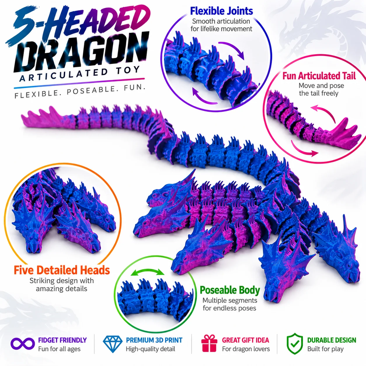 3D Printed Five Headed Dragon Model Statue, Ideal Christmas Gift Home Decoration, Joints Movable, Clear Details of Each Dragon