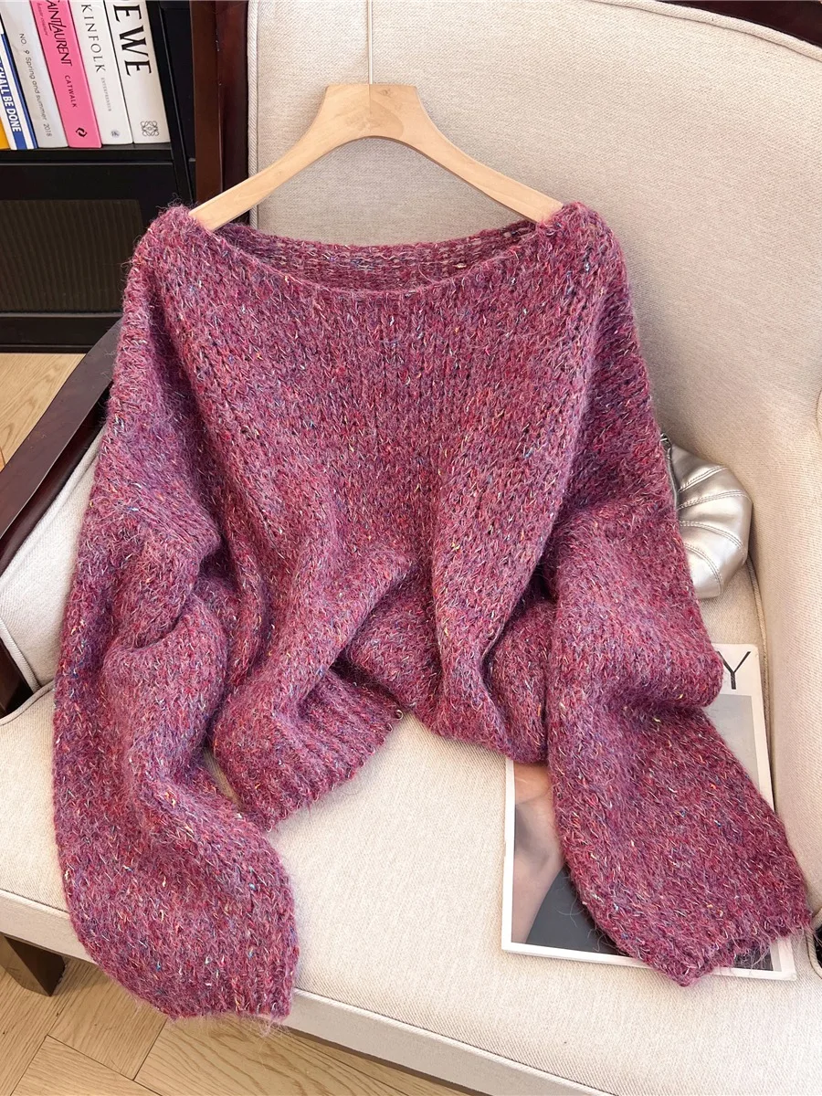 

Женский свободный вязаный свитер с длинными рукавами, комфортный и уютный, на весну-осень, новый, мягкий трикотаж, повседневный модный топ