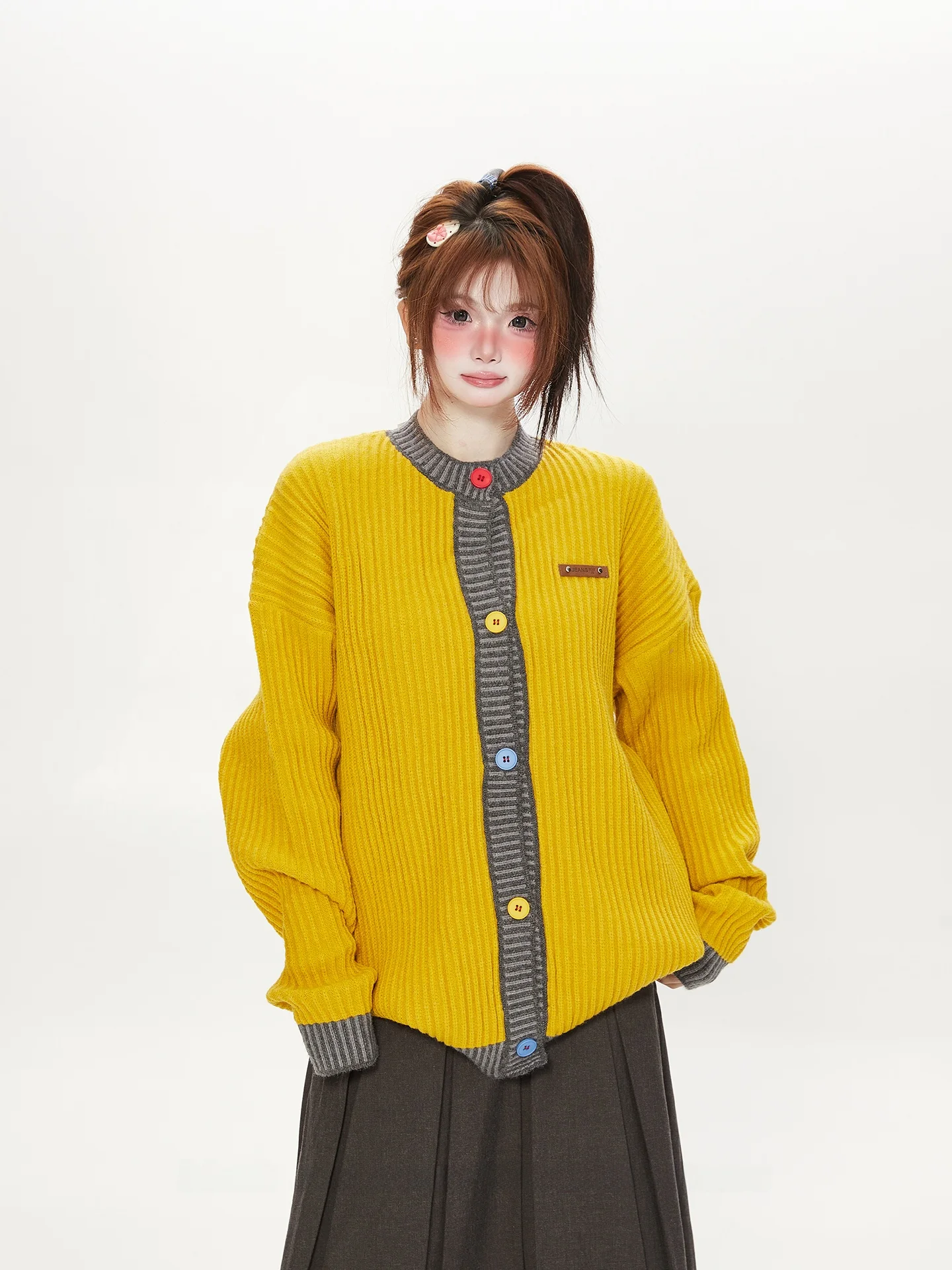 

American Retro Hong Kong Sle Yellow Splice round Ne Knitted Sweater Coat Women's Loose Lazy Autumn Winter Open Cardigan