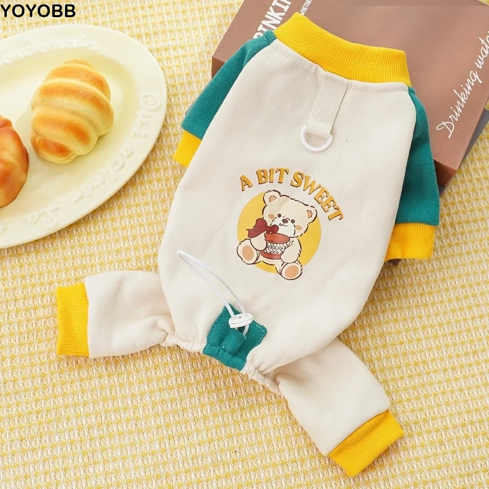 

Thickened Dog Jumpsuit Color Block Bear Pattern Four Legged Clothes with D-Ring Adjustable Dog Fleece Hoodie Autumn Winter