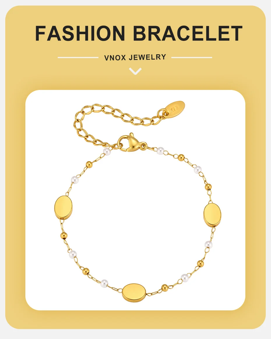 Vnox Minimalistische Stapelbare Halskette und Armbänder mit Imitationsperlen für Damen, Trendiger Edelstahl-Schmuck mit Goldplattierter Ovaler Kette – Detail 2