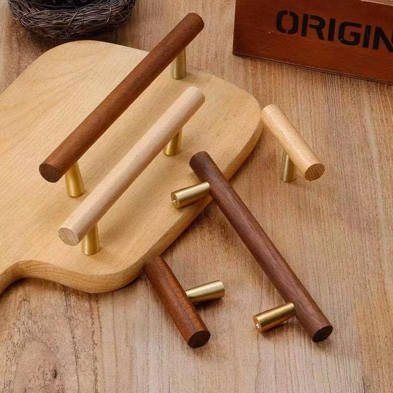 Nordic Wooden Long Drawer Knobs T bar Handle Walnut Cupboard Pulls Kitchen Cabinet Door Handle Furniture Decorate Pulls and Knob