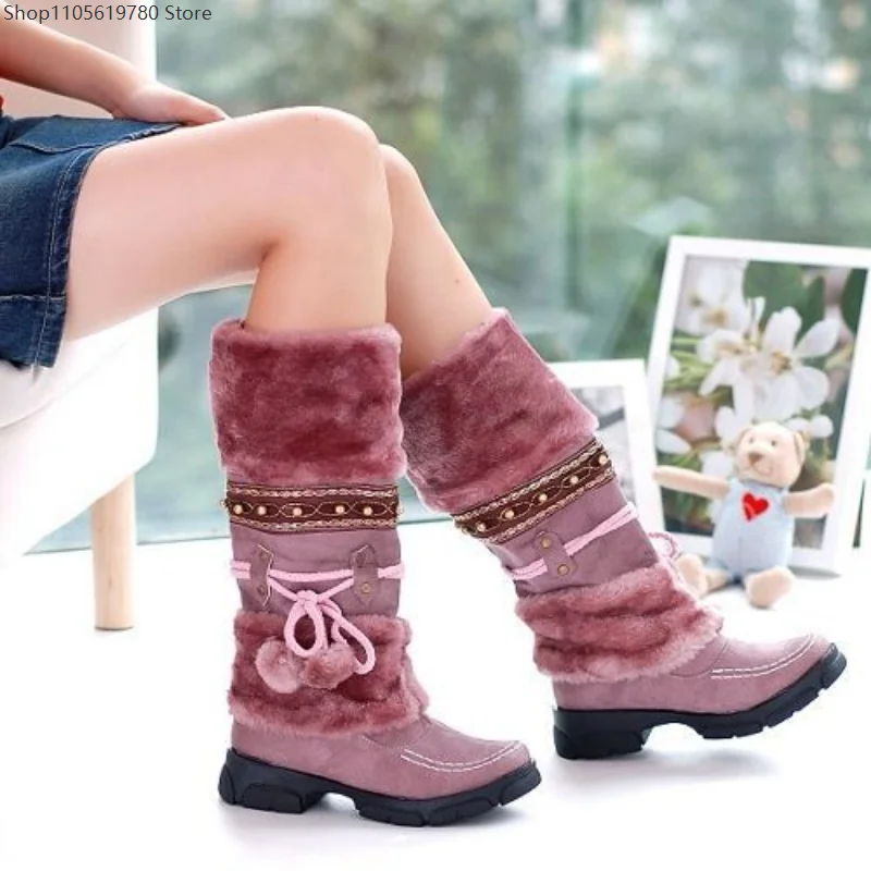 2026 Winter Warm Matte Pom Pom Lace Up Furry Mid Calf Snow Boots Plus Size Footwear Suitable For Cosplay Theme Party Outfit