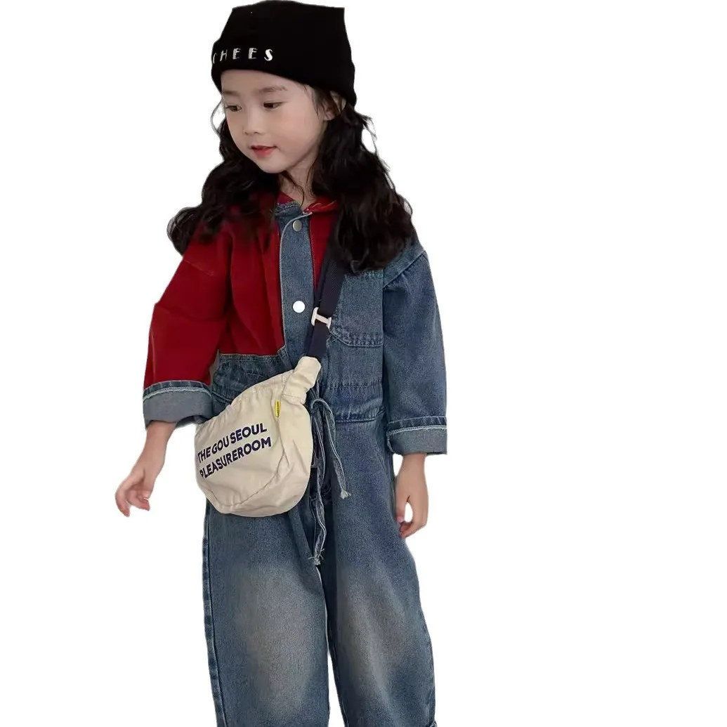 2024 autumn new children's color contrast match denim onesie Korean loose girls hooded onesie pants