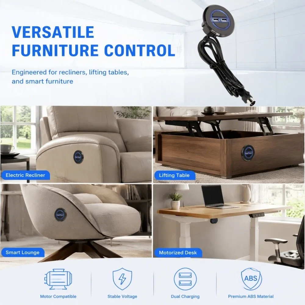 ABS Recliner Hand Controller Embedded USB Charging Port Electric Powered Linear Actuator Control Handset Replacement Black