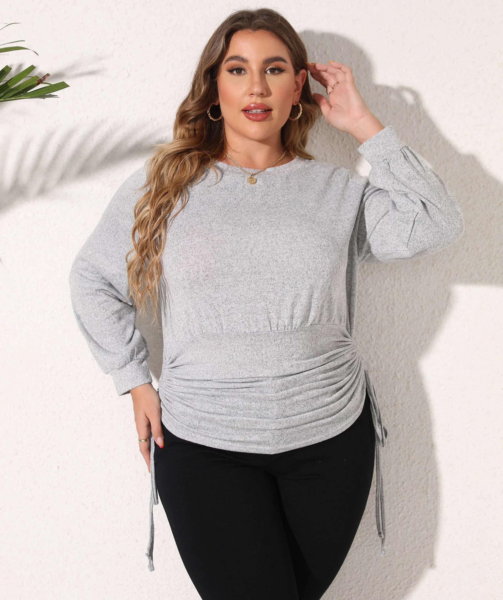 Plus Size Women Sweatshirt Fashion Irregular Pleated Pullover Tops Casual Round Neck Long Sleeve Solid Color T-shirt For Female