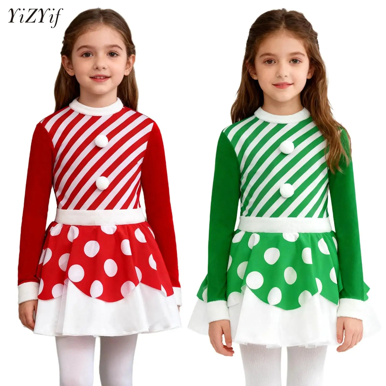 

Kids Girls Striped Ballet Dress Dancewear Long Sleeve Pompom Leotard Dress Roller Figure Ice Skating Stage Performance Clothes
