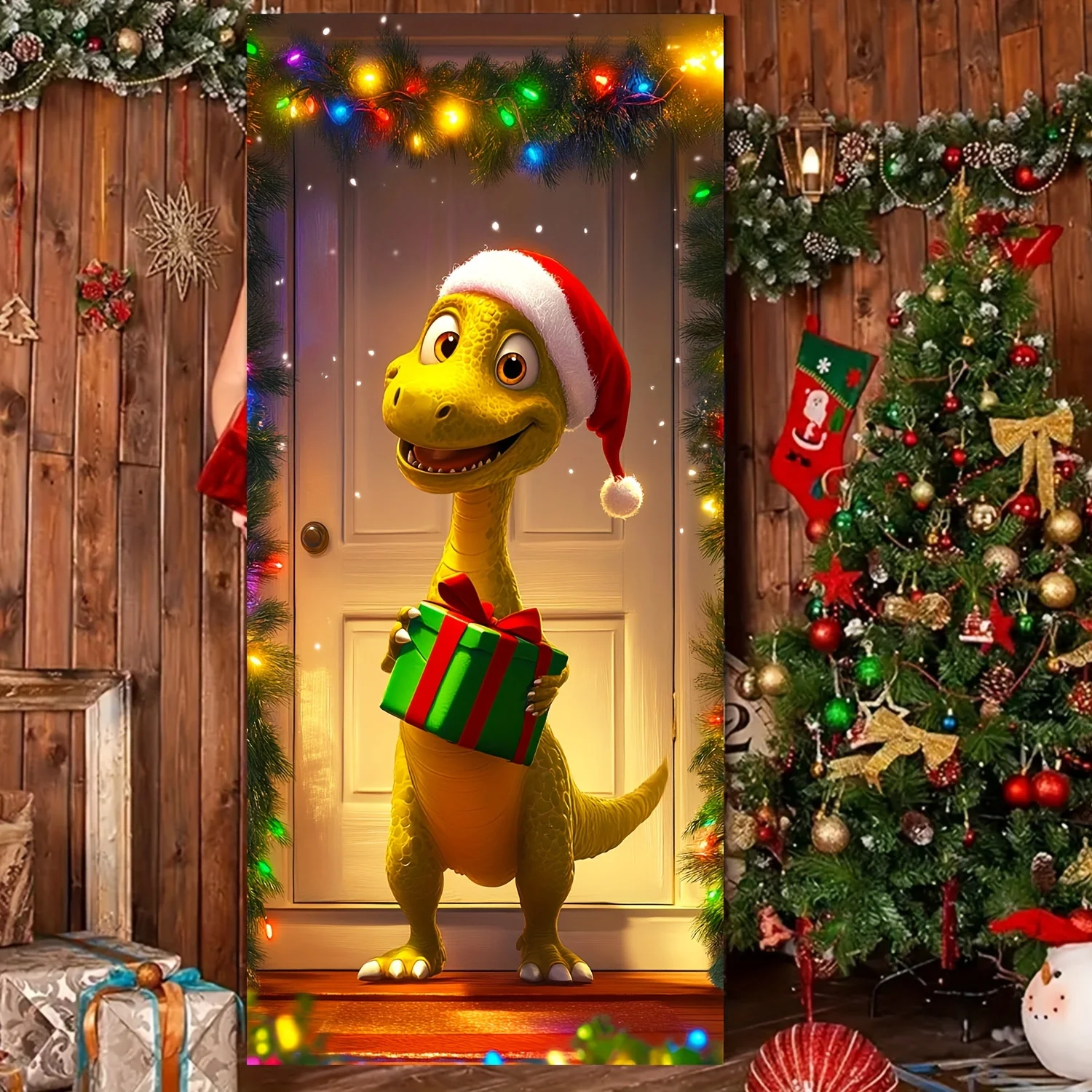 Holiday dinosaur and Santa Claus hat door frames - Polyester holiday decorations for entrances and rooms - the perfect Christmas