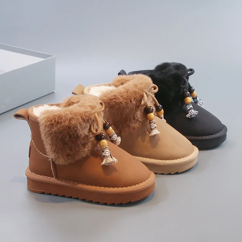 

National Retro Style Girls Plush Boots Winter Outdoor Children's Fashion Ankle Boots Warm Simple Kids Causal Short Cotton Boots