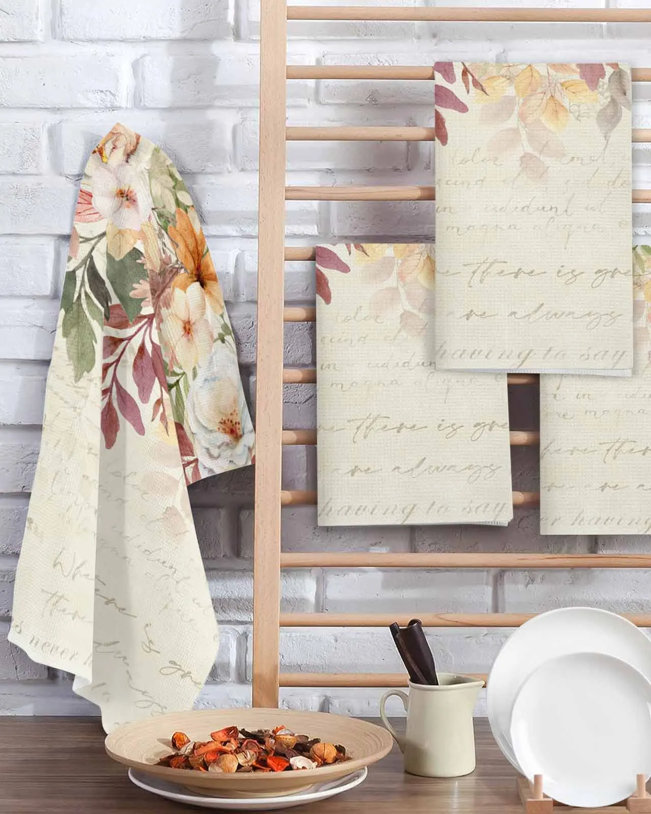 Thanksgiving Leaves Flower Beige Letter 30*30cm Waffle Microfiber Kitchen Towel Soft Cleaning Cloth Scouring Pad Wiping Rag