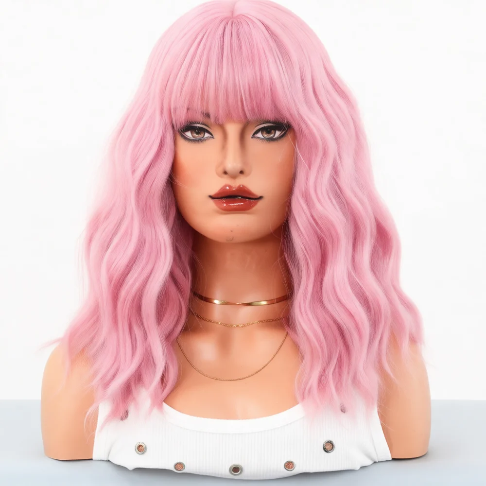 Pink Wavy Wigs Short Curly Synthetic Fiber Hair Natural Fluffy Water Wave For Woman Fashion Styling Party Daily Wear Accessory