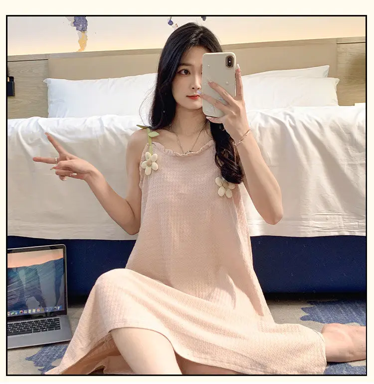 Women Cute Nightgown Pajamas Milk Silk Floral Sleepwear Dress Sweet Spaghetti Strap Nightdress Girls Cozy Home Clothing Dress