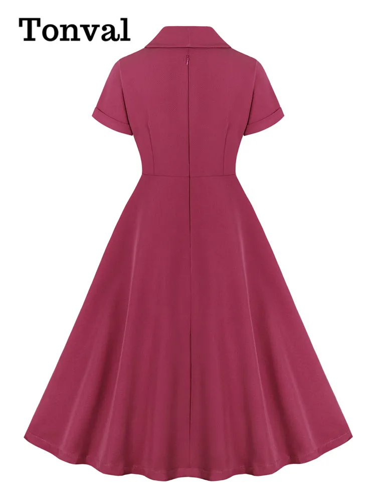 Tonval Fuchsia Solid Raglan Sleeve Buttons Elegant Dress Women Turn-Down Collar High Waist Vintage Clothes Midi Swing Dresses