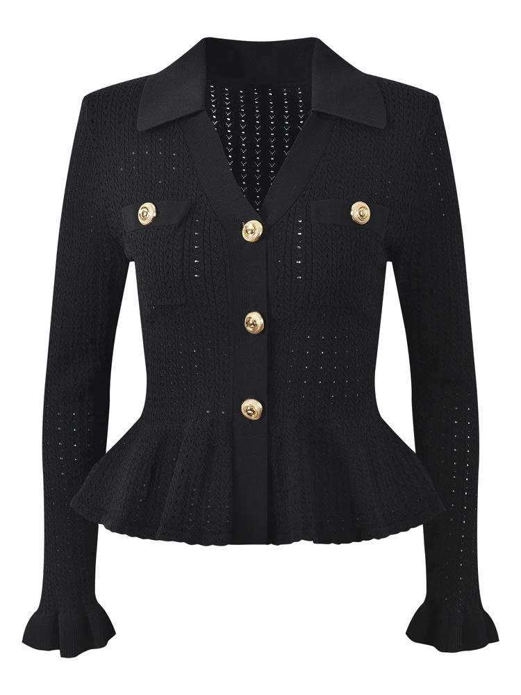 

Ele V-Ne Knitted Open Cardigan Top with Hollow out Design And High-Waisted Skirt Set for Women in Mis Blue Color